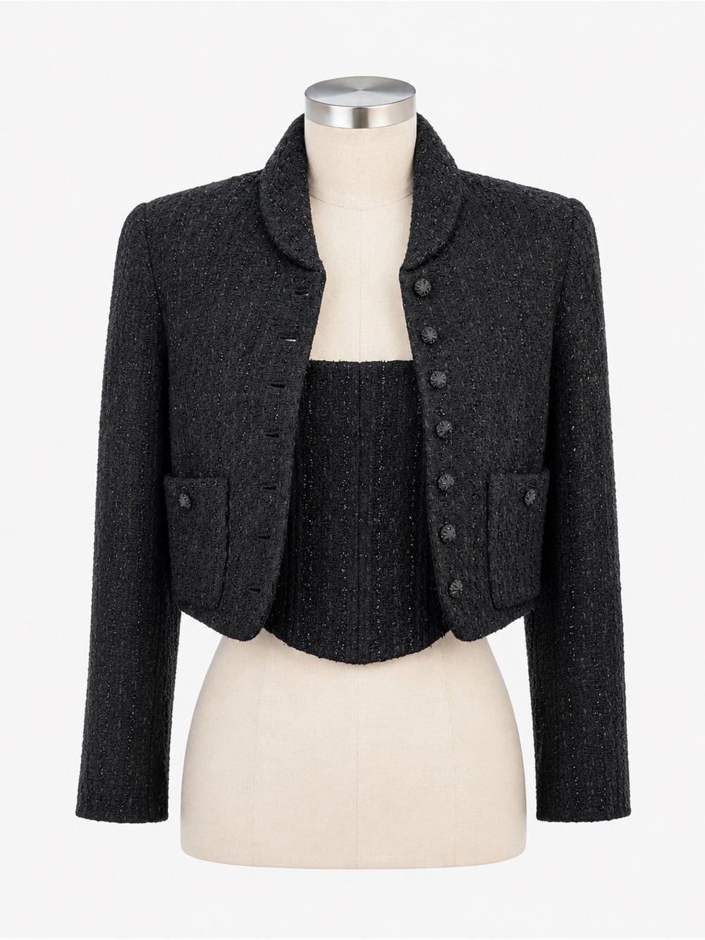 Wool and Silk Matching Farah Black Cropped Tweed Blazer and Zippered Corset